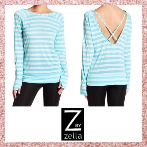 Z by Zella Teal Take 5 Cloud Striped Tee Small S - Picture 1 of 8